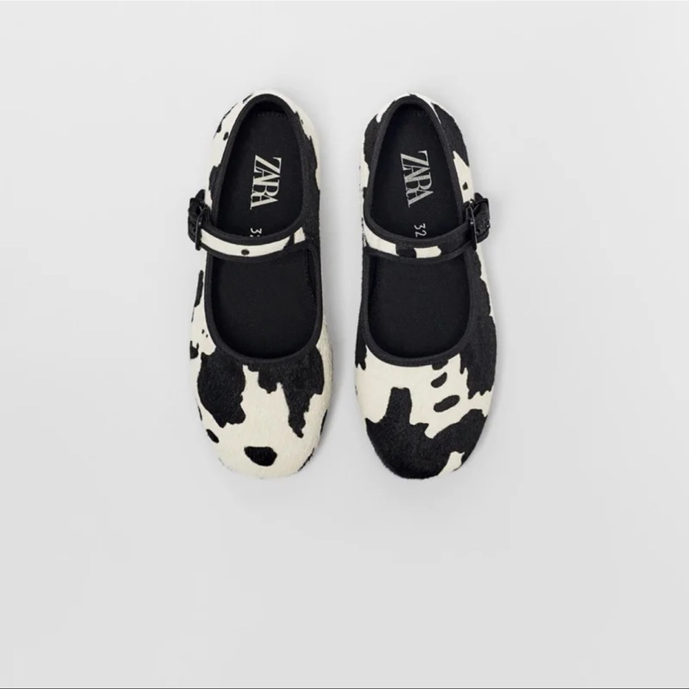 Zara Black and White Cow Print Mary Jane Kids Dress Shoes